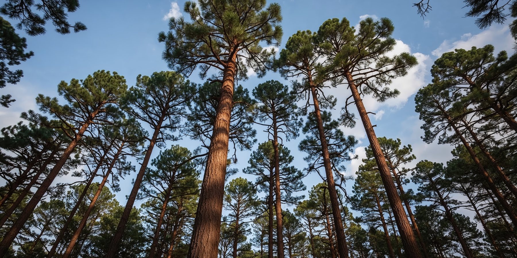 Tall pines against a blue sky